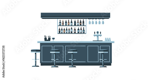 Elegant vector illustration showcasing a stylish bar setup with assorted bottles and glassware perfectly arranged for design projects