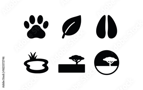 flat black solid icon items isolated on white background savanna ecosystem (symbols): paw print leaf icon wildlife track watering hole horizon line nature circle