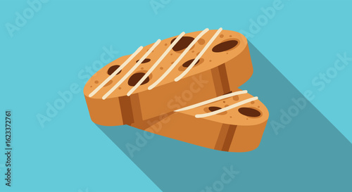Stylized biscotti illustration with glaze and chocolate chips in light blue background