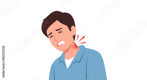 Illustrated man with neck pain, depicting discomfort and potential health issue symptoms, against plain background, medical