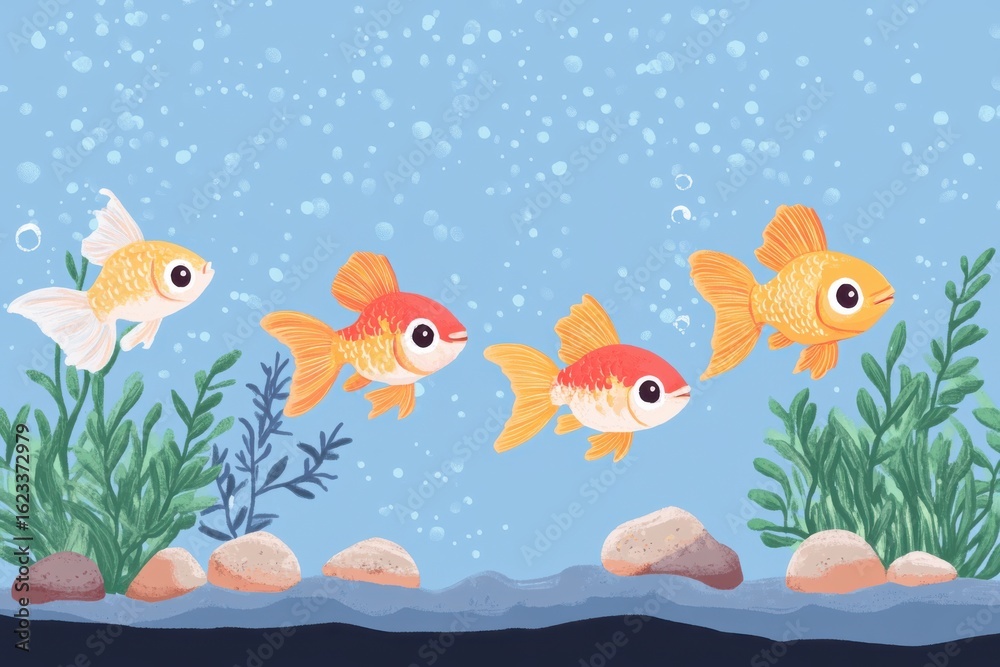Fototapeta premium Cute goldfish swimming in the aquarium with plants and stones illustration