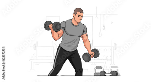 Focused athletic man performing dumbbell curls in a fitness center, strength training illustration for active lifestyle and exercise promotions