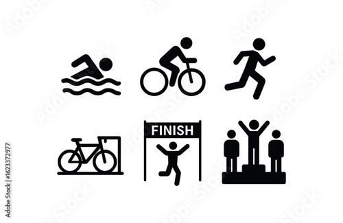 flat black solid icon items isolated on white background triathlete (events): swimming cycling running transition zone finish line medal ceremony
