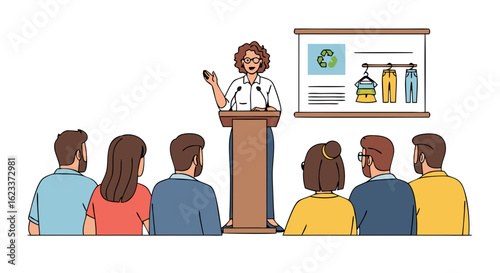 Illustrated lecturer delivering a presentation on sustainable fashion to a captivated audience showing recycle and clothes concept