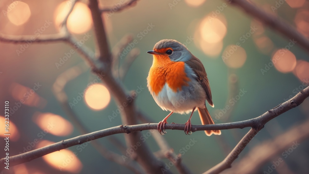 Fototapeta premium A small bird with blue and orange feathers perched on a tree branch during sunset with bokeh lights in the background.