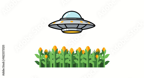 Whimsical UFO over Cornfield Illustration Exploring Extraterrestrial Agriculture Investigation Concept