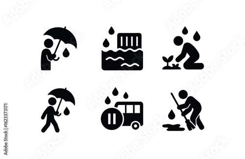 flat black solid icon items isolated on white background monsoon season (activities): sheltering drainage farming walking rain travel pause cleanup