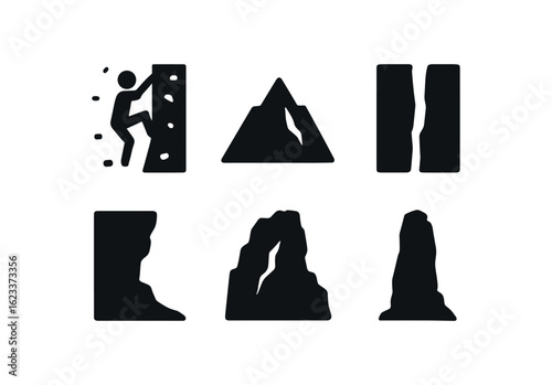flat black solid icon items isolated on white background rock climbing (settings): climbing gym mountain face canyon cliffside crag rock tower
