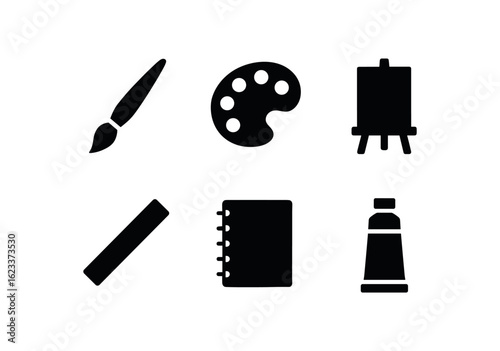 flat black solid icon items isolated on white background art studio (tools): paintbrush palette canvas charcoal stick sketchbook paint tube