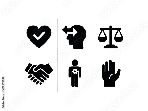 flat black solid icon items isolated on white background ethicist (concepts): morality decision making justice fairness duty responsibility