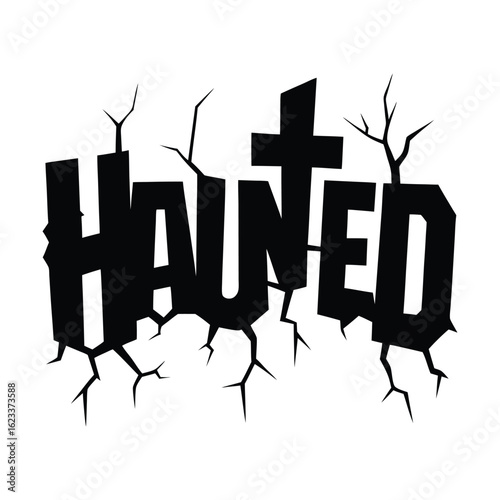 Haunted Cracked Font with Spooky House Texture, Halloween Text Design Vector Illustration.