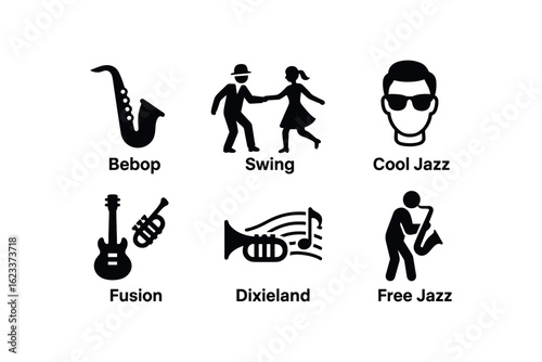 flat black solid icon items isolated on white background jazz (styles): bebop swing cool jazz fusion dixieland free jazz