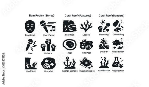 flat black solid icon items isolated on white background slam poetry (styles): emotional fast paced rhythmic raw political personal. flat black solid icon items isolated on white background