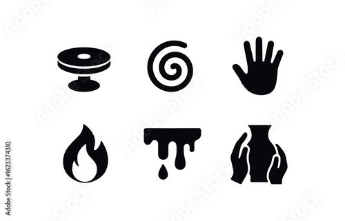 flat black solid icon items isolated on white background pottery making (symbols): wheel spin clay spiral handprint fire icon drip glaze shaping hands