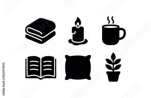 flat black solid icon items isolated on white background contentment (objects): soft blanket candle warm mug open book soft pillow peaceful plant