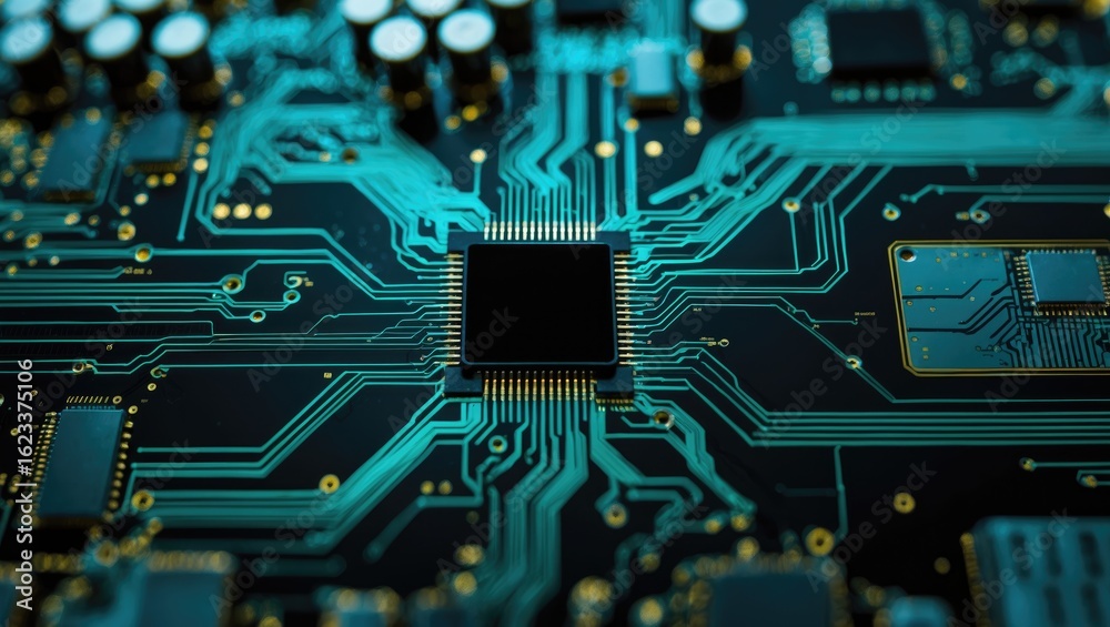 Fototapeta premium Close-up of a computer microchip with circuitry and connections, electronic components, technology, circuit board, microprocessor. The image highlights electronic hardware and integrated circuits.