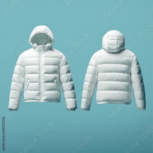 Front and back view of a white puffer jacket with a hood, showcasing its quilted design and warm material, perfect for cold weather fashion and outdoor activities