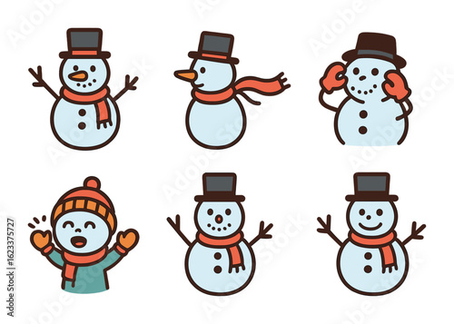 Building a Snowman. Flat vector mini-illustrations making the first snowman in colors children's illustrations