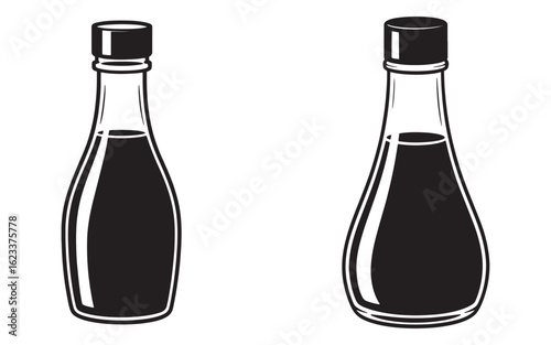 Black and white illustration of two sauce bottles condiment liquid