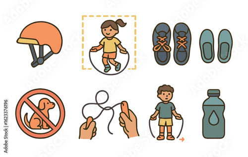 Jump Rope Safety Icons. Flat vector mini-illustrations jump rope safety tips in colors children's