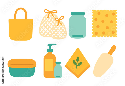 Eco-Friendly Shopping Icons. Flat vector mini-illustrations reusable grocery shopping items in colors children