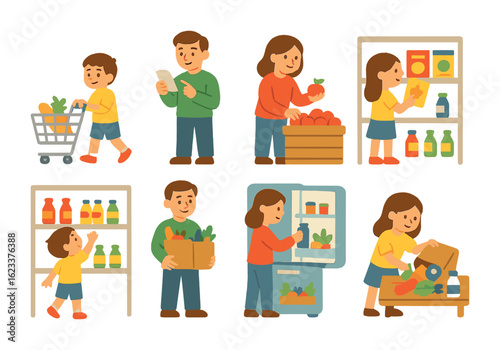 Family Grocery Icons. Flat vector mini-illustrations family grocery shopping activity in colors children's