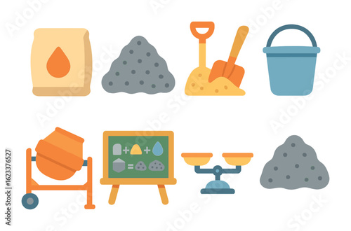 Concrete Mixing Icons. Flat vector mini-illustrations preparing concrete mix in colors children's