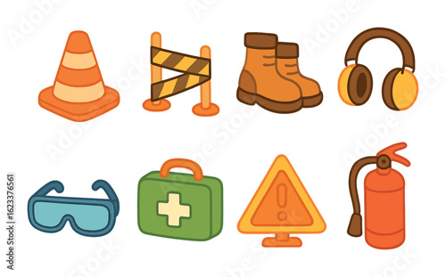 Construction Safety Icons. Flat vector mini-illustrations construction site safety in colors children's