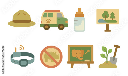 Wildlife Conservation Icons. Flat vector mini-illustrations wildlife conservation efforts in colors children's