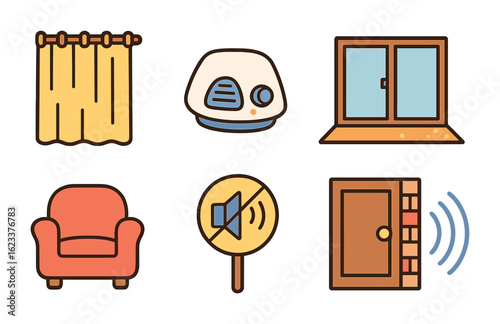 Noise Reduction Essentials. Flat vector mini-illustrations home noise protection in colors children's