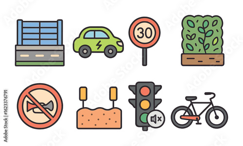 Traffic Noise Solutions. Flat vector mini-illustrations traffic noise control solutions in colors children's