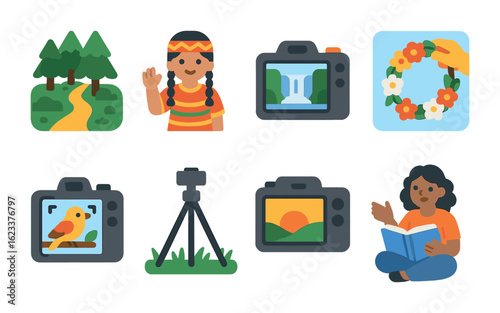 Nature and Culture Icons. Flat vector mini-illustrations nature and cultural harmony photoshoots in colors