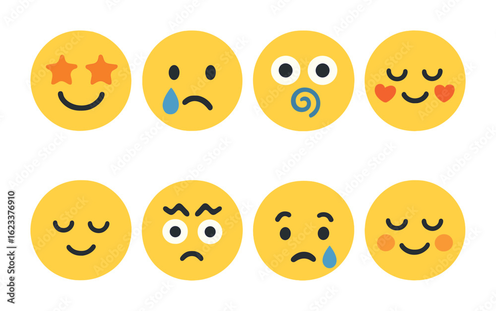 Fototapeta premium Colorful Facial Expressions. Flat vector mini-illustrations expressive faces with abstract features in colors