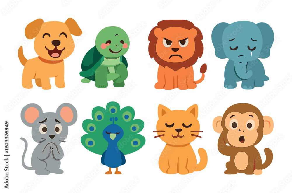 Fototapeta premium Animal Emotions Grid. Flat vector mini-illustrations animal symbols of emotion in colors children's