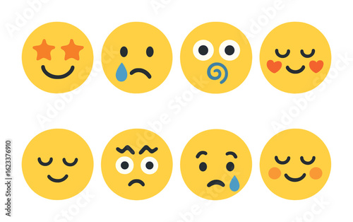 Colorful Facial Expressions. Flat vector mini-illustrations expressive faces with abstract features in colors