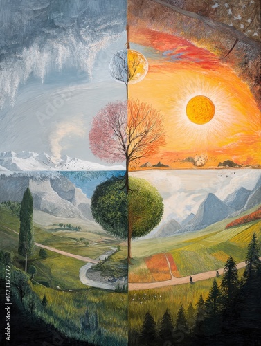 A Earth divided into seasons winter spring scene
