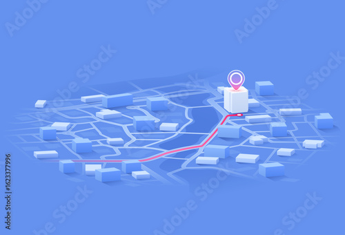 We moved. 3D navigation map with route and location pin. Isometric city map with navigation route to new delivery redirection. Communication about moving, relocation announcement. Vector illustration