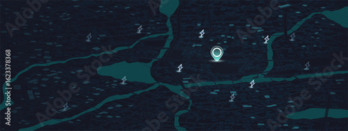 Smart city map with electric charging network and connectivity. Conceptual vector illustration of modern technology and power distribution. Vector illustration
