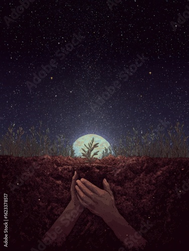 A hands planting Earth like a seed scene