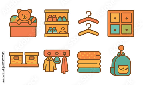 Colorful Kids Closet Icons. Flat vector mini-illustrations of kids' closet organization in colors children's