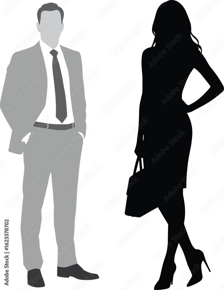 Silhouettes of professional men and women in formal attire, stylish business fashion, corporate office illustration Silhouettes of professional men and women in formal attire, stylish business fashion, corporate office illustration
