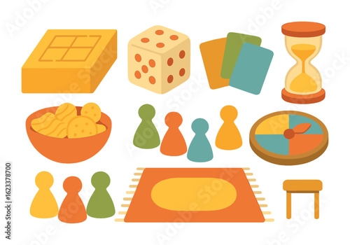 Family Game Night. Flat vector mini-illustrations of family game night at home in colors children's