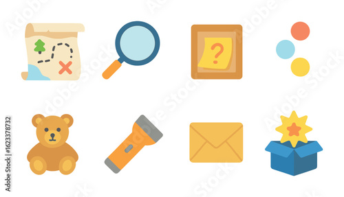 Indoor Hunt Icons. Flat vector mini-illustrations of indoor scavenger hunts in colors children's illustrations