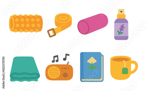 Home Yoga Essentials. Flat vector mini-illustrations of home yoga essentials in colors children's