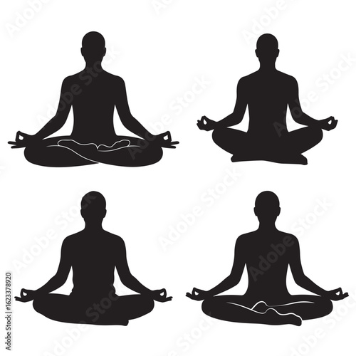 Four black silhouettes of people meditating in a lotus position