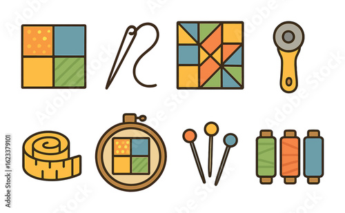 Patchwork Quilt Icons. Flat vector mini-illustrations of patchwork quilt making and design in colors