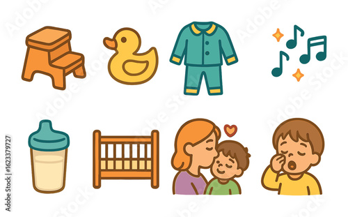 Toddler Bedtime Routine. Flat vector mini-illustrations of toddler bedtime routine in colors children's