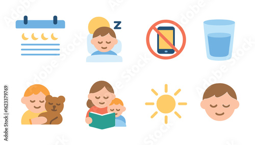 Children's Sleep Icons. Flat vector mini-illustrations of healthy sleep habits in colors children's