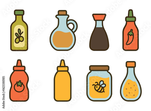 Colorful Condiment Icons. Flat vector mini-illustrations of oils and condiments area in colors children's