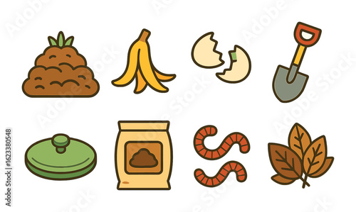 Home Composting Icons. Flat vector mini-illustrations of composting at home in colors children's illustrations